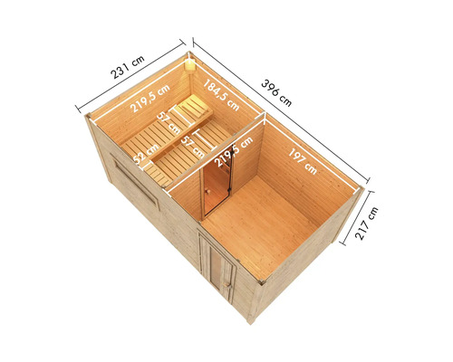 Draufsicht einer Sauna mit Maßangaben