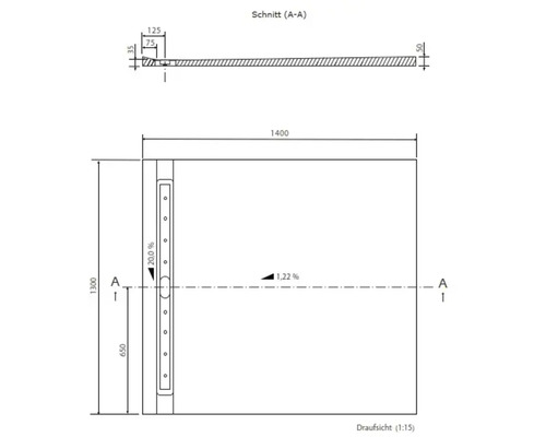 Technische Zeichnung einer Duschrinne mit Maßen und Schnittansicht