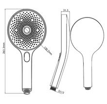 Technische Zeichnung einer Handbrause mit Maßangaben