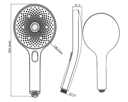 Technische Zeichnung einer Handbrause mit Maßangaben
