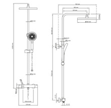 Technische Zeichnung einer Duschgarnitur mit Maßangaben
