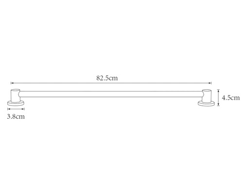 Dessin technique d'une barre porte-serviettes avec les dimensions suivantes : 82,5 cm de longueur, 4,5 cm de hauteur et 3,8 cm de profondeur.
