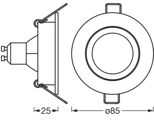 Technische Zeichnung einer runden Einbauleuchte mit den Maßen 85 Millimeter Durchmesser und 25 Millimeter Einbautiefe