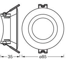Technische Zeichnung eines Einbaustrahlers mit den Maßen 35 Millimeter Tiefe und 85 Millimeter Durchmesser.