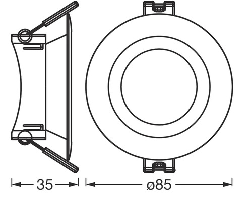 Technische Zeichnung eines Einbaustrahlers mit den Maßen 35 Millimeter Tiefe und 85 Millimeter Durchmesser.