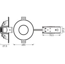 Technische Zeichnung einer runden Einbauleuchte mit Massangaben