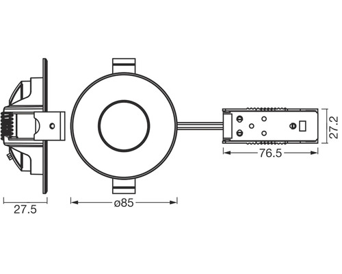 Technische Zeichnung einer runden Einbauleuchte mit Maßangaben