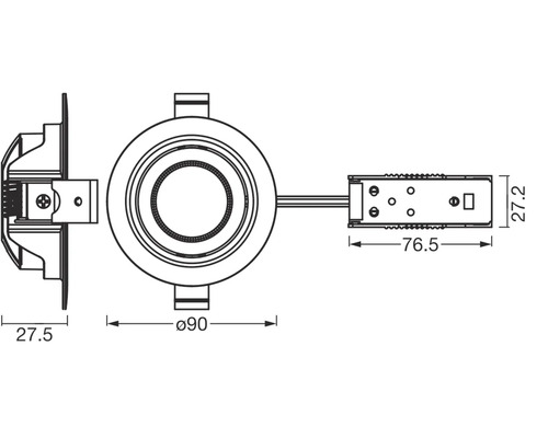 Technische Zeichnung einer runden Einbauleuchte mit Maßangaben
