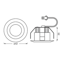 Technische Zeichnung einer runden Einbauleuchte mit den Maßen 42 Millimeter Durchmesser und 35 Millimeter Höhe