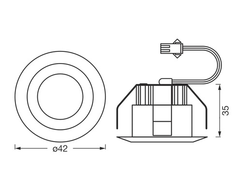 Technische Zeichnung einer runden Einbauleuchte mit den Maßen 42 Millimeter Durchmesser und 35 Millimeter Höhe