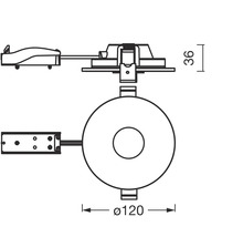 Technische Zeichnung einer Deckenleuchte mit den Massen Durchmesser 120 und Höhe 36.