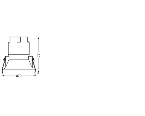 Technische Zeichnung einer Einbauleuchte mit den Maßen 77 mm Höhe und 70 mm Durchmesser