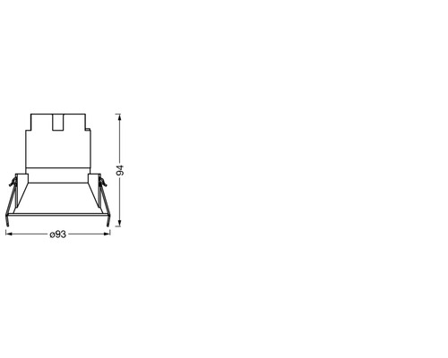 Technische Zeichnung einer Deckeneinbauleuchte mit Abmessungen