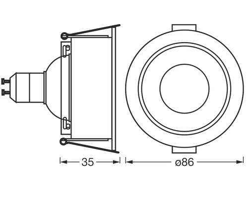 Technische Zeichnung einer Einbauleuchte mit den Maßen 35 und 86 Millimeter.