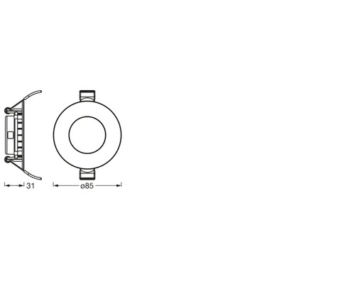 Zeichnung einer runden LED-Einbauleuchte mit Massangaben