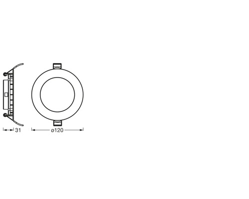 Technische Zeichnung einer runden Einbauleuchte mit den Maßen Durchmesser 120 Millimeter und Tiefe 31 Millimeter.