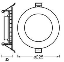 Technische Zeichnung einer runden Einbauleuchte mit den Maßen 225 mm Durchmesser und 32 mm Tiefe