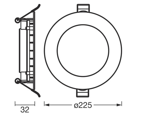 Technische Zeichnung einer runden Einbauleuchte mit den Maßen 225 mm Durchmesser und 32 mm Tiefe