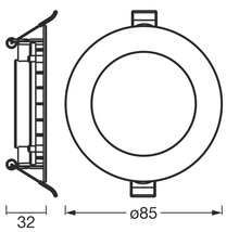 Dessin technique d'un spot encastrable rond avec des dimensions de 85 mm de diamètre et 32 mm de profondeur.