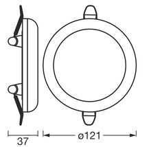 Technische Zeichnung einer runden Einbauleuchte mit den Maßen 121 mm Durchmesser und 37 mm Tiefe