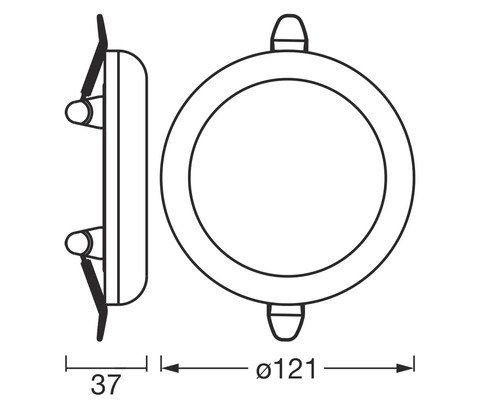 Technische Zeichnung einer runden Einbauleuchte mit den Maßen 121 mm Durchmesser und 37 mm Tiefe