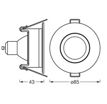 Technische Zeichnung eines Einbaustrahlers mit Maßangaben