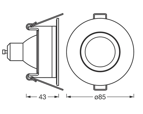 Technische Zeichnung eines Einbaustrahlers mit Maßangaben