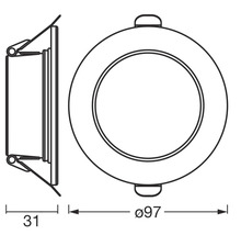 Technische Zeichnung einer runden Einbauleuchte mit den Maßen 97 Millimeter Durchmesser und 31 Millimeter Tiefe.