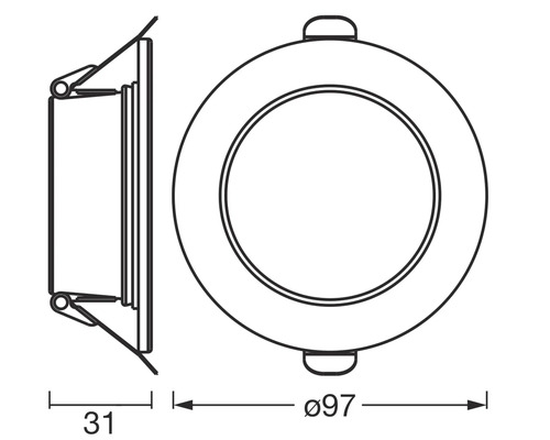 Technische Zeichnung einer runden Einbauleuchte mit den Maßen 97 Millimeter Durchmesser und 31 Millimeter Tiefe.
