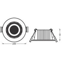 Technische Zeichnung einer Einbauleuchte mit den Maßen 88 Millimeter Durchmesser und 40 Millimeter Höhe