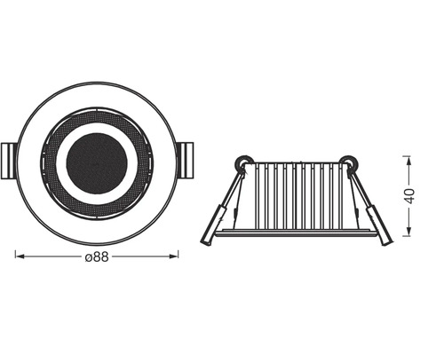 Technische Zeichnung einer Einbauleuchte mit den Maßen 88 Millimeter Durchmesser und 40 Millimeter Höhe