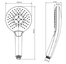 Dessin technique d'une douchette avec les dimensions 120 millimètres de diamètre, 240 millimètres de longueur et raccord G 1/2