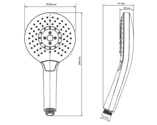 Dessin technique d'une douchette avec les dimensions 120 millimètres de diamètre, 240 millimètres de longueur et raccord G 1/2