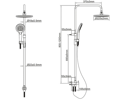 Schéma technique d'un ensemble de douche avec dimensions