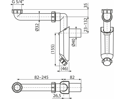 Technische Zeichnung eines Siphons mit Maßangaben