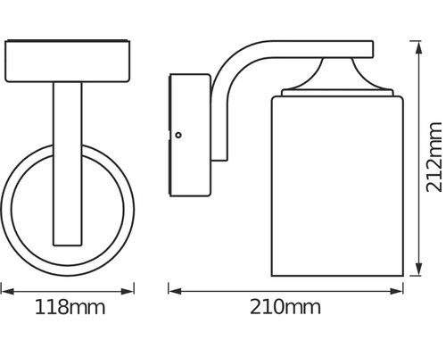 Dessin technique d'une applique murale avec des dimensions de 212 mm de hauteur et 210 mm de profondeur.