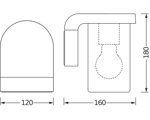 Dessin technique d'un luminaire d'extérieur avec les dimensions 120 x 160 x 180 mm