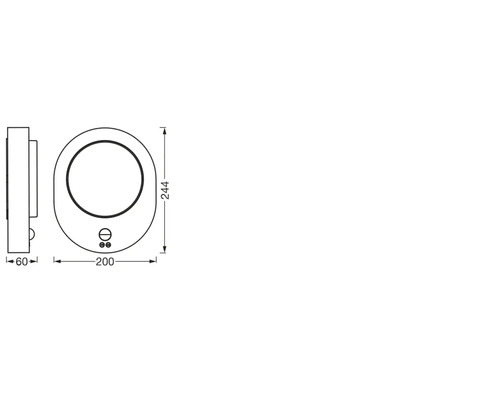 Schéma technique d'un applique murale LED ronde avec les dimensions 244 x 200 x 60 mm.