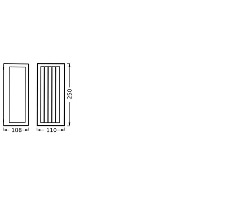 Schéma technique de deux portes de dimensions 108 x 250 et 110 x 250