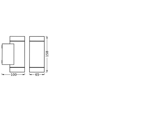 Dessin technique d'une applique murale avec des dimensions de 100 mm de largeur, 65 mm de profondeur et 158 mm de hauteur