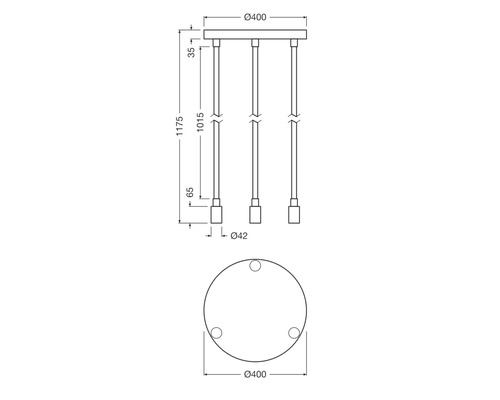 Technische Zeichnung einer Hängeleuchte mit Abmessungen