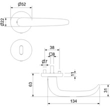 Technische Zeichnung eines Türdrückers mit Abmessungen