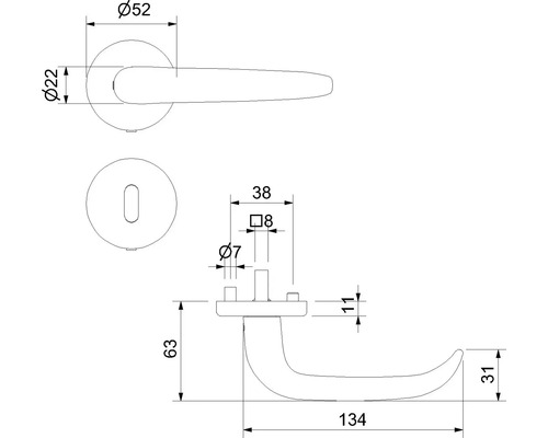 Technische Zeichnung eines Türdrückers mit Abmessungen