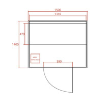 Dessin technique d'un sauna avec dimensions et positionnement du poêle de sauna