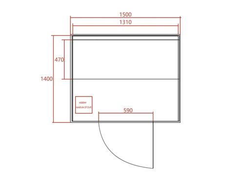 Dessin technique d'un sauna avec dimensions et positionnement du poêle de sauna