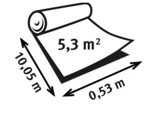 Illustration einer Tapetenrolle mit den Maßen 10,05 Meter mal 0,53 Meter und einer Fläche von 5,3 Quadratmetern.