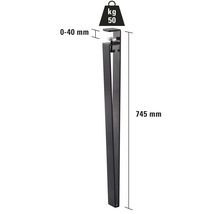 Möbelfuß mit einer Länge von 745 mm und einer Belastbarkeit von 50 kg.