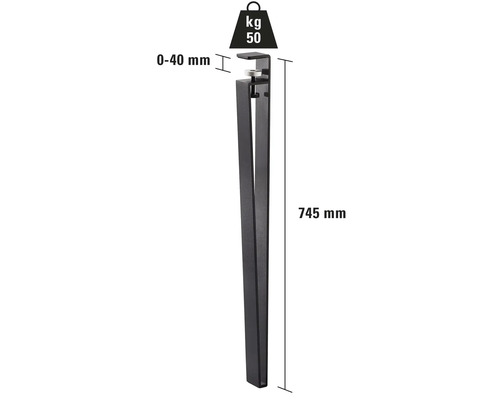 Möbelfuß mit einer Länge von 745 mm und einer Belastbarkeit von 50 kg.