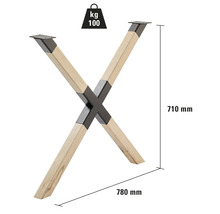 Pied de table en X en bois et métal, capacité de charge 100 kg, hauteur 710 mm, largeur 780 mm
