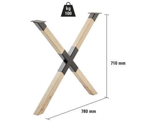 Pied de table en X en bois et métal, capacité de charge 100 kg, hauteur 710 mm, largeur 780 mm